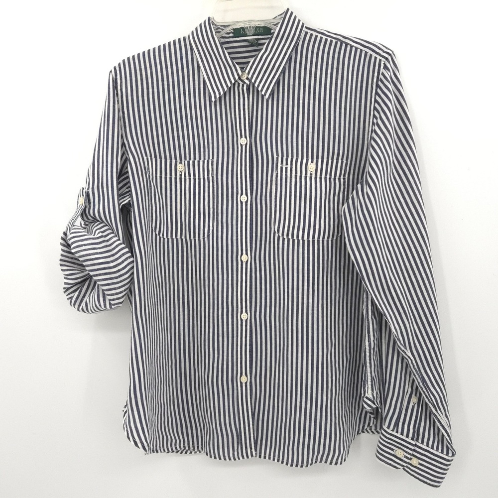 Lauren Ralph Lauren Linen Button Down Women PL Navy White Striped Roll Tab Shirt